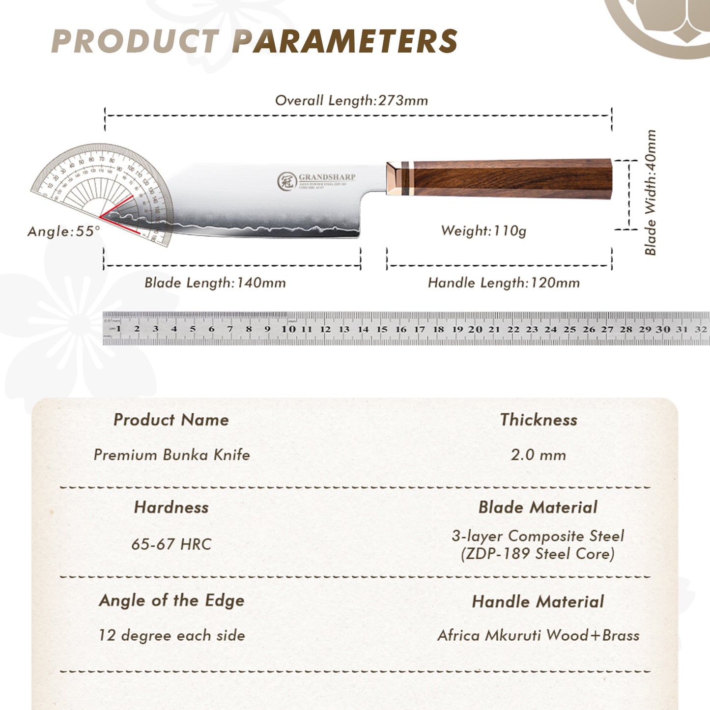 Grandsharp Design Japan ZDP-189 San Mai Steel Bunka Prep Knife