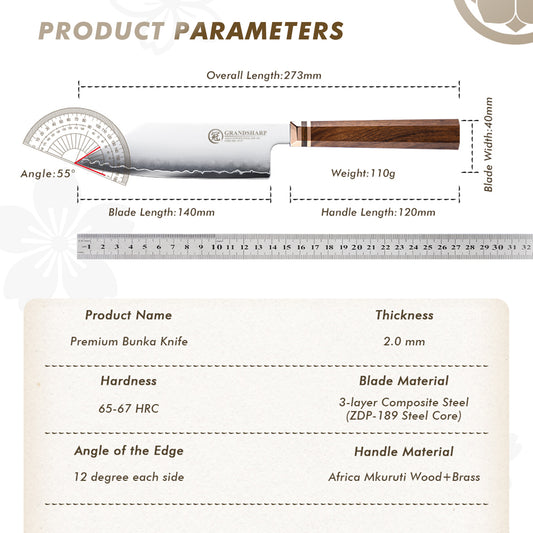 Grandsharp Bunka Prep Knife in Japan ZDP-189 San Mai Steel with Mkuruti Wood Handle