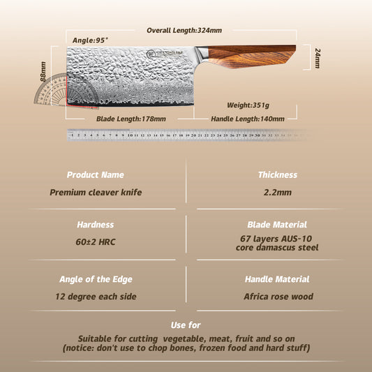 Grandsharp 67 Layers AUS-10 Damascus Cleaver Knife Chinese Cai Dao with Rose Wood Handle