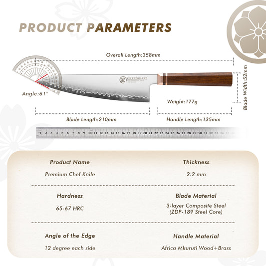 Grandsharp Chef Gyuto Knife in Japan ZDP-189 San Mai Steel with Mkuruti Wood Handle