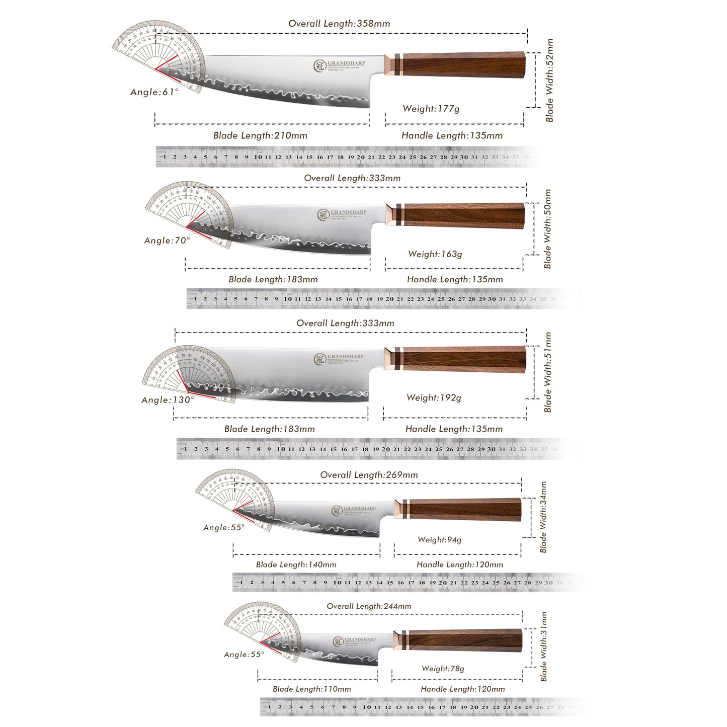 Grandsharp 1-5Pcs Kitchen Knife Set ZDP-189 Steel Core 3 Layer Composite Africa Mkuruti Wood&Brass Handle Complete Knife Set