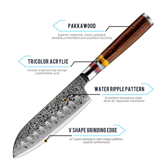 Grandsharp 5'' Santoku Knife 67 Layers AUS10 Damascus Steel Kitchen Chef Santoku Knives with Pakkawood Handle