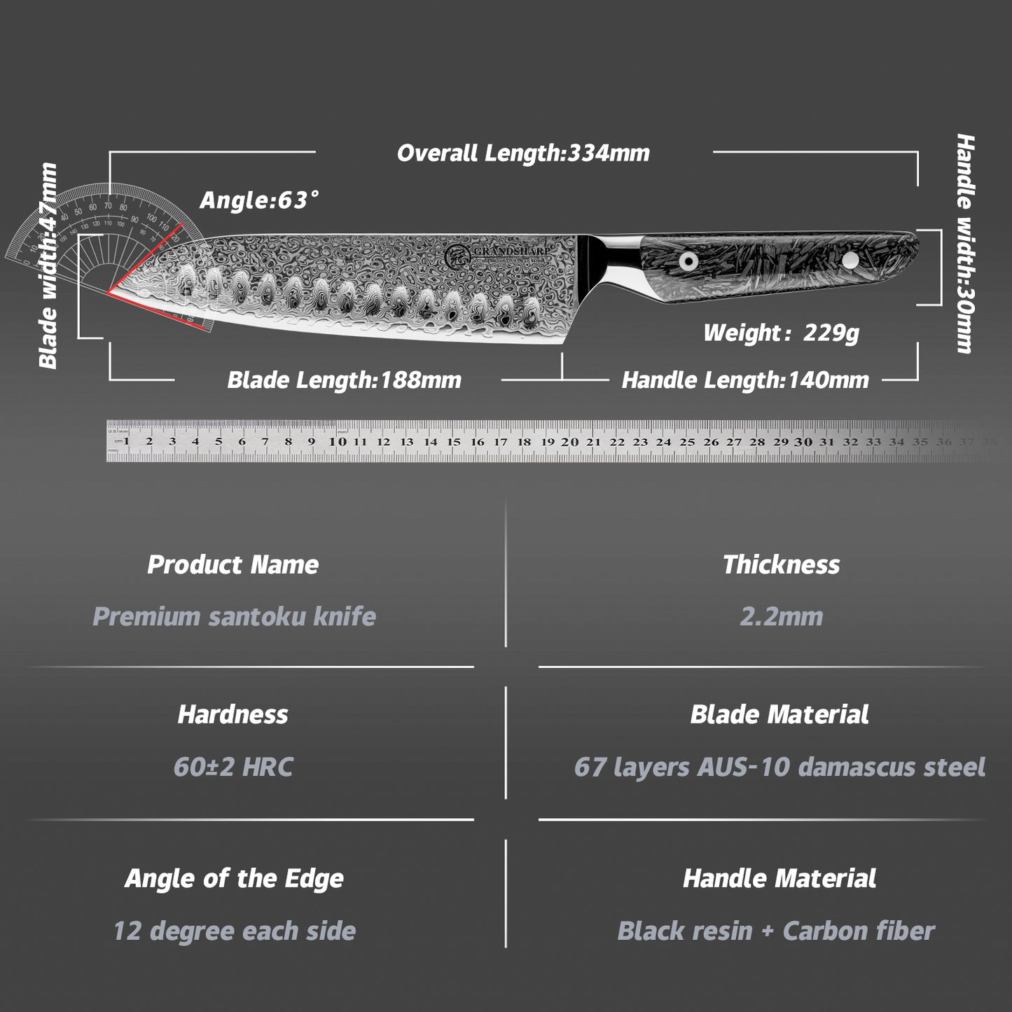 Grandsharp 7.5 Inch 67 Layers Santoku Knife Kitchen AUS10 Damascus Steel Santoku Knives Tools with Black Carbon Fiber Handle
