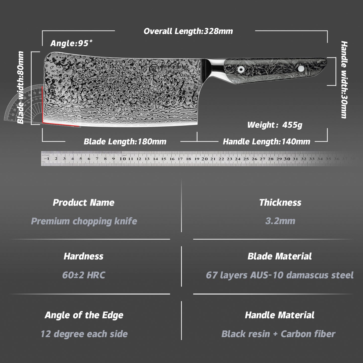 Grandsharp 7'' Kitchen Chopping Knife AUS10 Core 67 Layers Damascus Steel Cleaver Butcher Knife with Black Carbon Fiber Handle