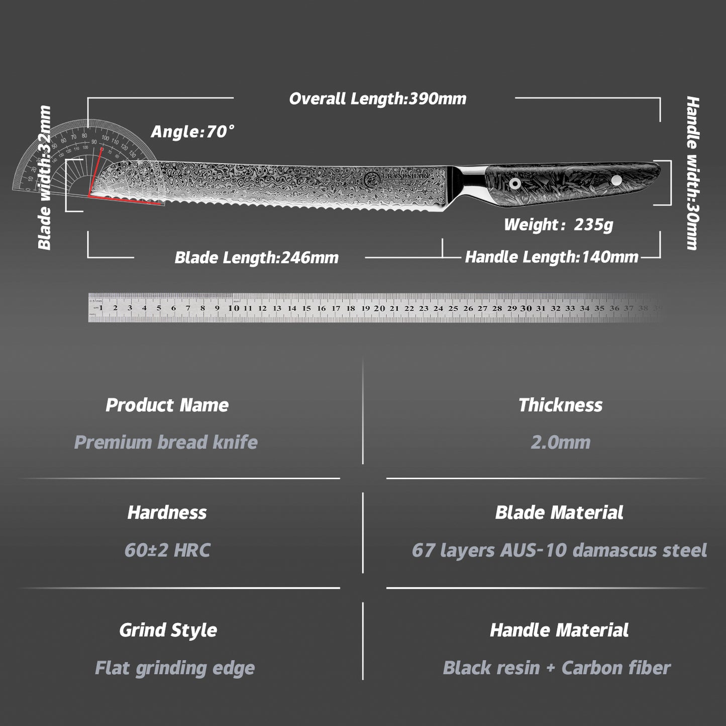 Grandsharp Kitchen 67 Layers 8 Inch Bread Knife AUS10 Damascus Steel Kitchen Bread Cutting Knives with Black Carbon Fiber Handle