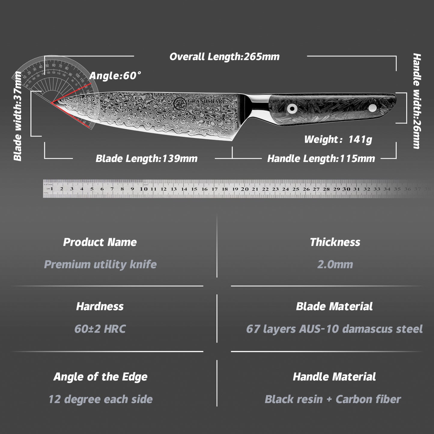 Grandsharp 5.5 Inch Utility Knife 67 Layers AUS10 Damascus Steel Utility Kitchen Knives with Black Handle