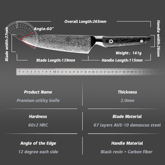 Grandsharp Real Damascus Utility Petty Knife With Black Handle