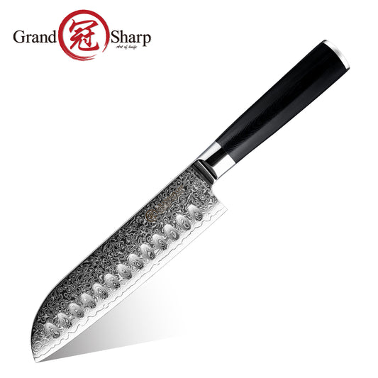 Grandsharp Black Handle 10Cr15CoMoV Damascus Santoku Knife