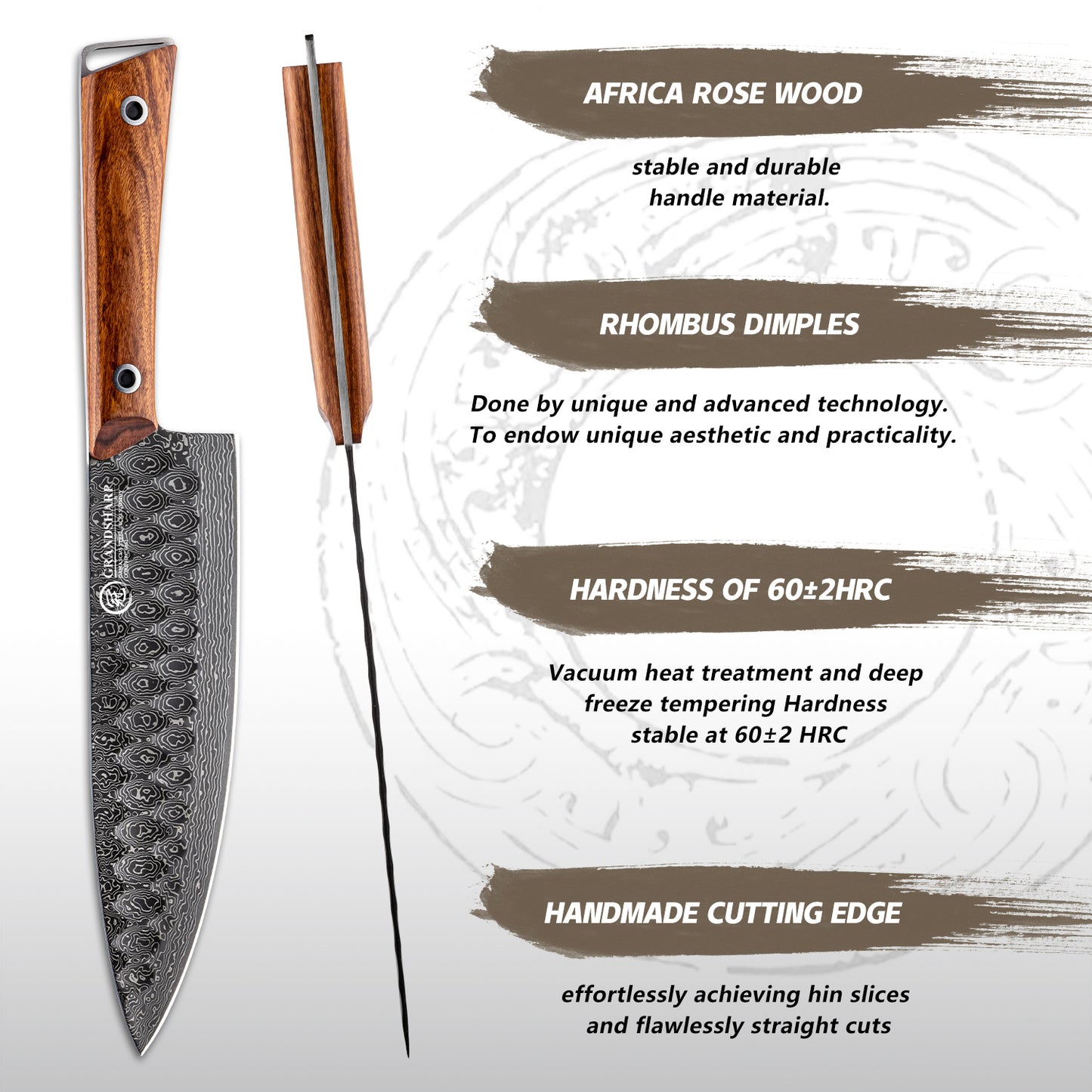 Grandsharp 8 Inch Premium Chef Knife 67 Layers 10Cr15MoV Core Damascus Steel Africa Rose Wood Handle with Gift Box Santoku