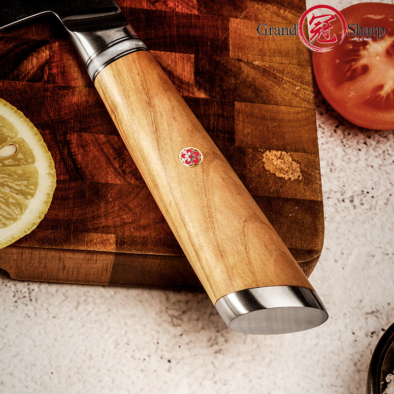 Grandsharp Hot Selling 8'' Baking Knives Damascus Stainless Steel Bread Knife Cake Slicing Kitchen Knife with Olive Wood Handle
