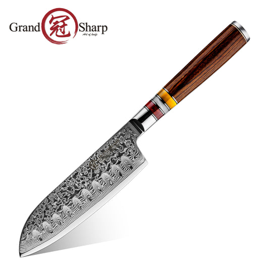 Grandsharp 5'' Santoku Knife 67 Layers AUS10 Damascus Steel Kitchen Chef Santoku Knives with Pakkawood Handle
