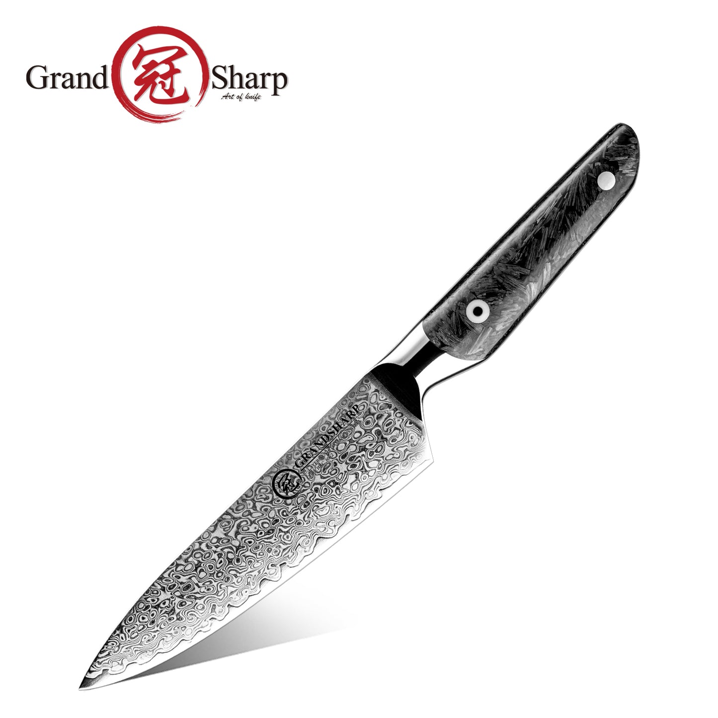 Grandsharp Real Damascus Utility Petty Knife With Black Handle