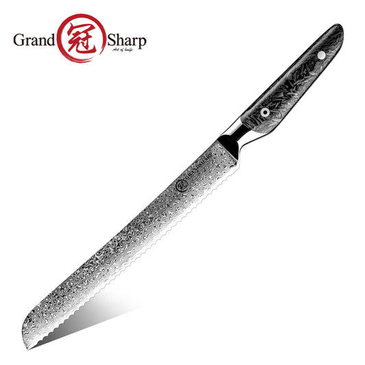 Grandsharp Real Damascus  Serrated Bread Knife With Black Handle