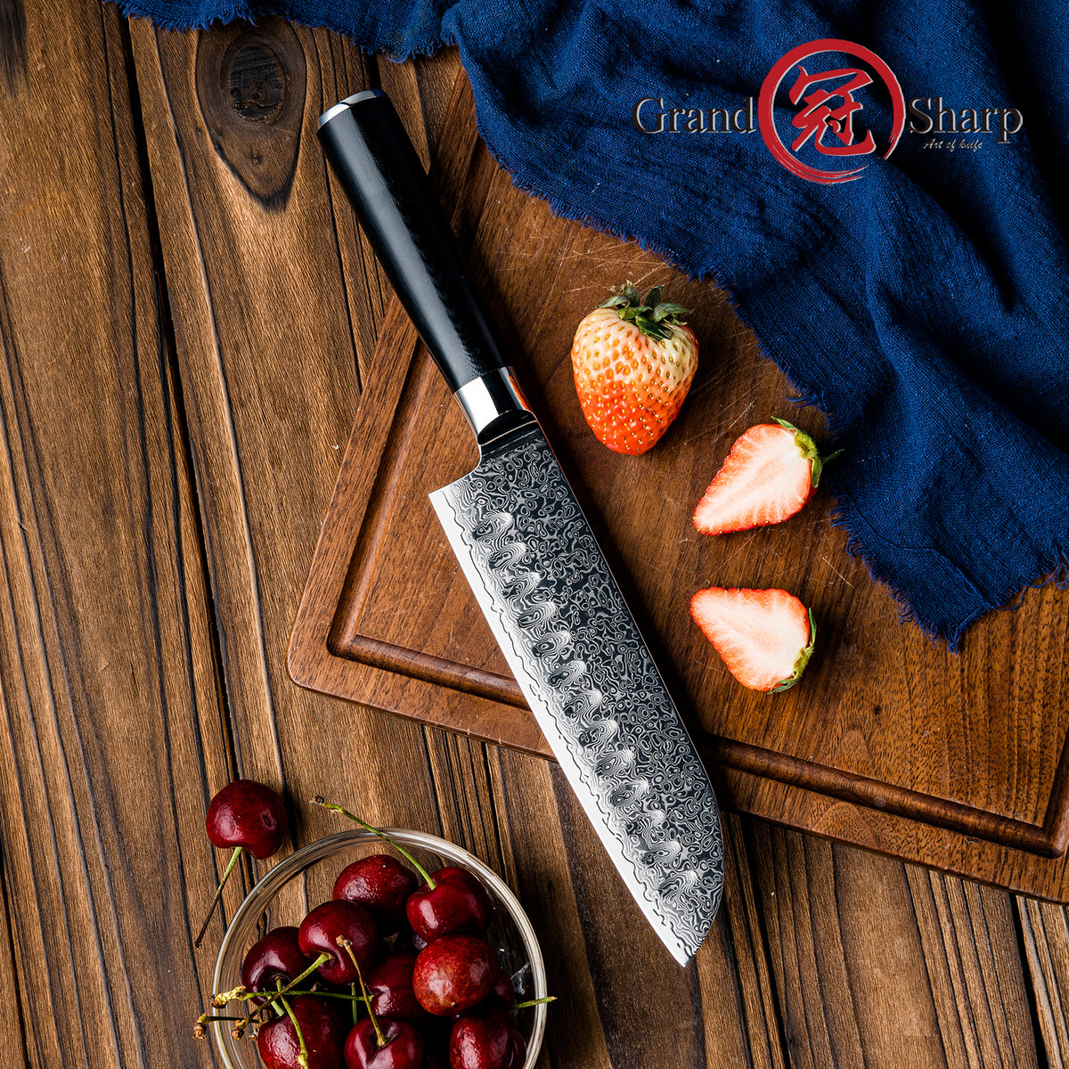 Grandsharp Black Handle 10Cr15CoMoV Damascus Santoku Knife