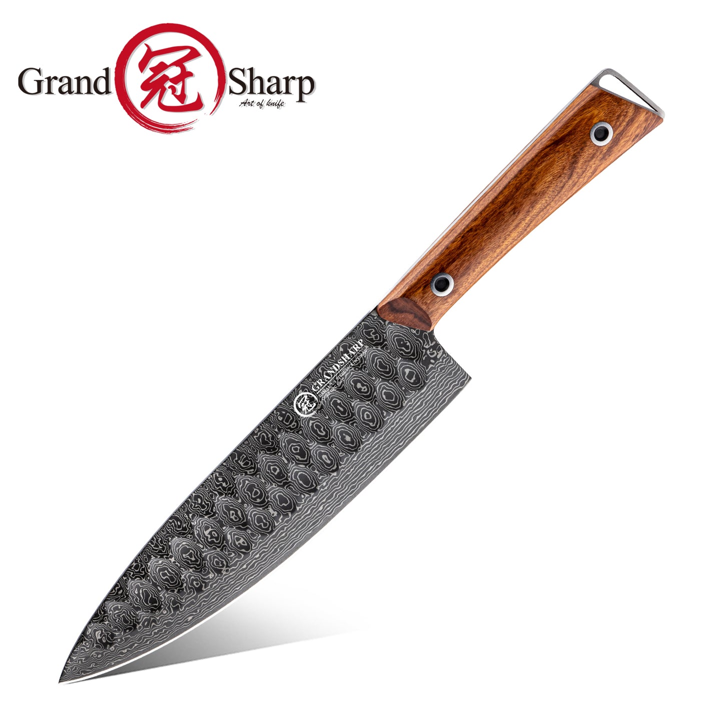 Grandsharp 8 Inch Premium Chef Knife 67 Layers 10Cr15MoV Core Damascus Steel Africa Rose Wood Handle with Gift Box Santoku
