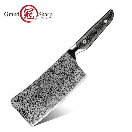 Grandsharp Real Damascus Chopper Cleaver Knife With Black Handle