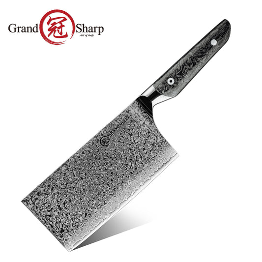 Grandsharp Real Damascus Cleaver Knife Chinese Caidao With Black Handle