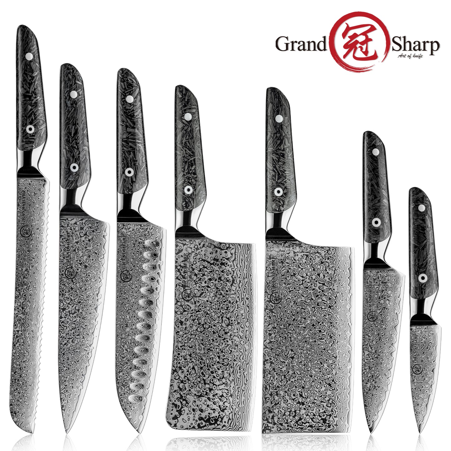 Grandsharp Luxury 67 Layers Damascus AUS10 Steel Kitchen Knives Sets 7 Pcs Chef Kitchen Knife Set with Black Carbon Fiber Handle