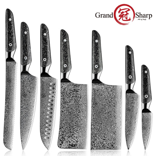 Grandsharp Luxury 67 Layers Damascus AUS10 Steel Kitchen Knives Sets 7 Pcs Chef Kitchen Knife Set with Black Carbon Fiber Handle