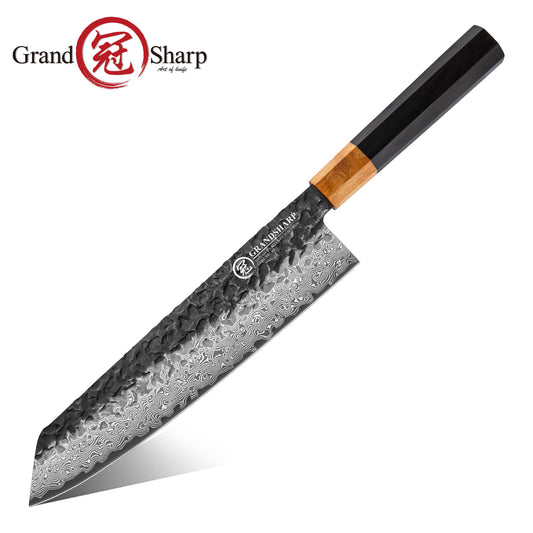 Grandsharp Handmade Forged Kurouchi Damascus 10Cr15CoMoV Kiritsuke Chef Knife