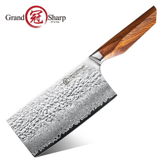 Grandsharp 67 Layers AUS-10 Damascus Cleaver Knife Chinese Cai Dao with Rose Wood Handle