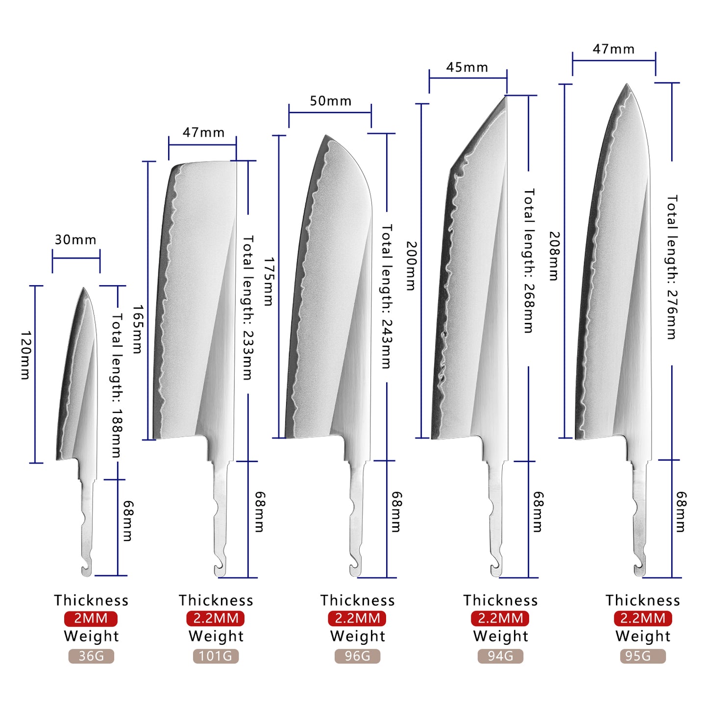 Grandsharp DIY hidden tang blank blades 3 layers san mai steel PM204 Powder Steel M390-equivalent performance