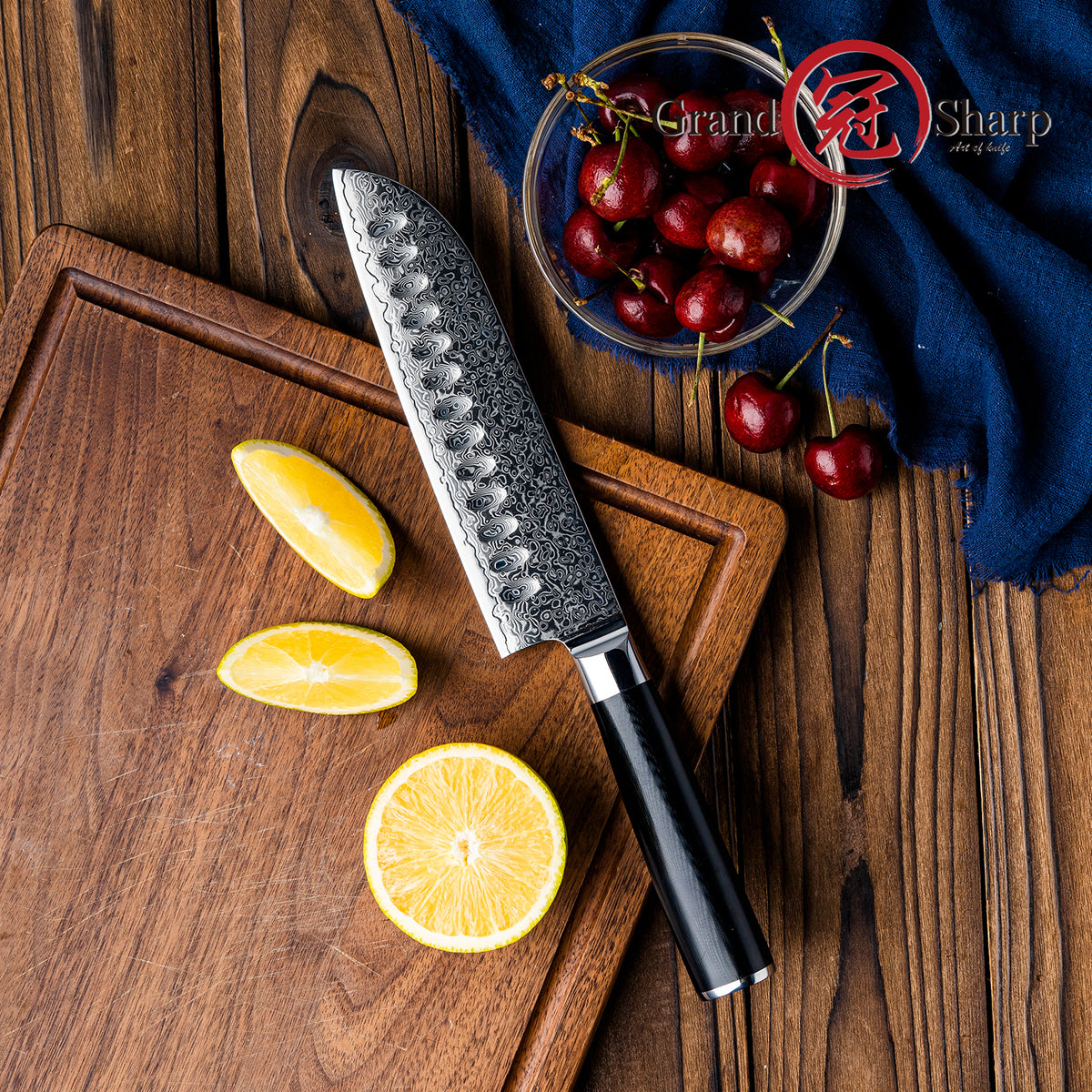 Grandsharp Black Handle 10Cr15CoMoV Damascus Santoku Knife