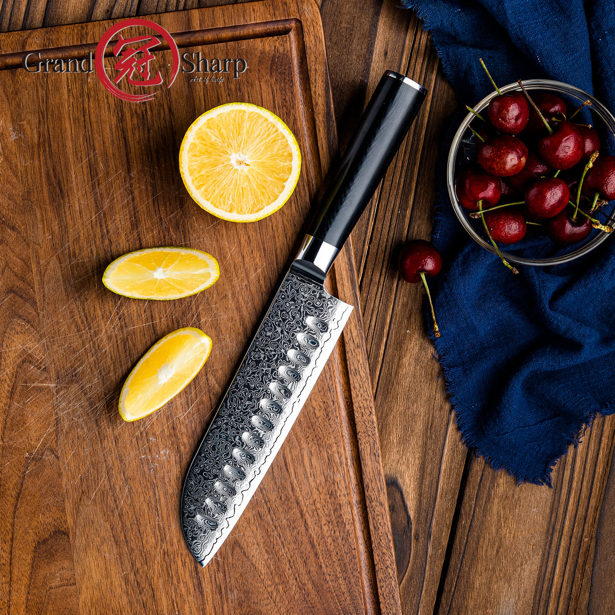 Grandsharp Black Handle 10Cr15CoMoV Damascus Santoku Knife