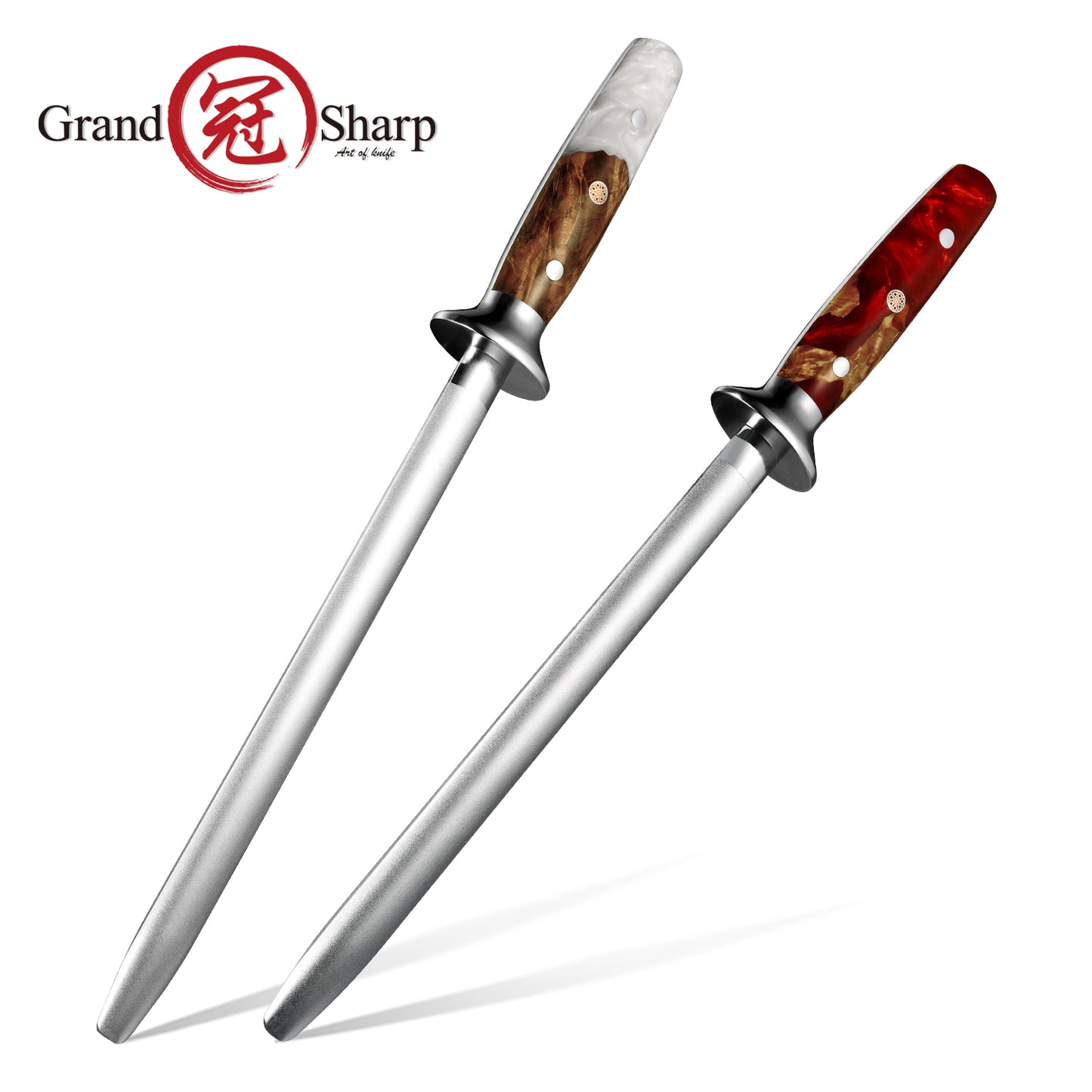 Grandsharp 10 Inch Knife Sharpening Rod Diamond Powder Coating Kitchen Classic Steel Knife Sharpener with Resin & Wood Handle