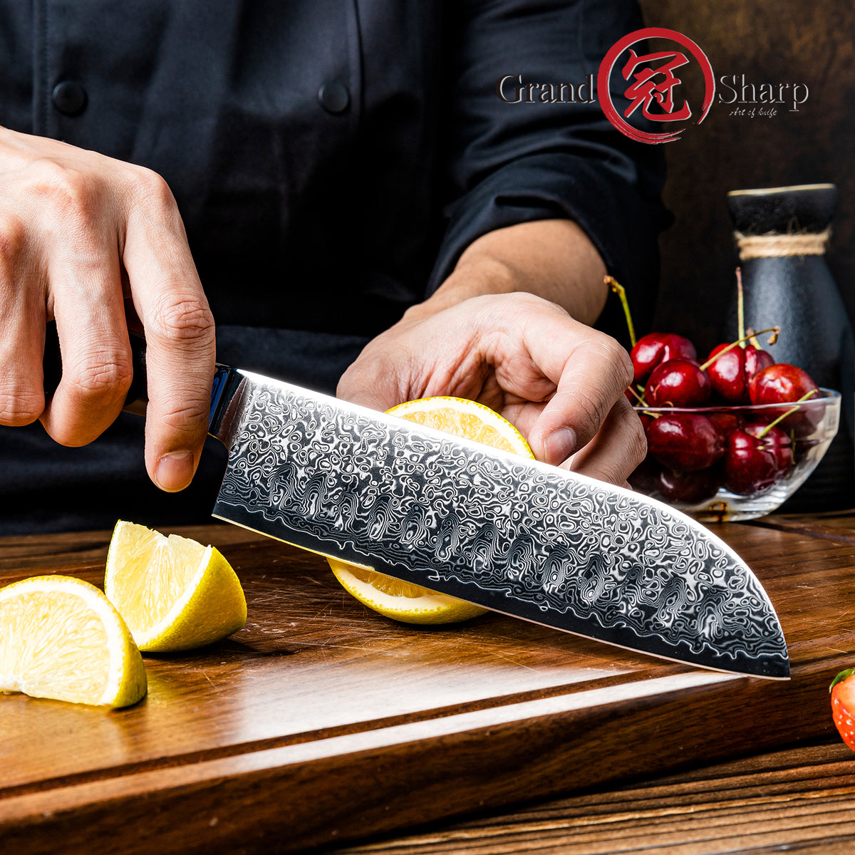 Grandsharp Black Handle 10Cr15CoMoV Damascus Santoku Knife