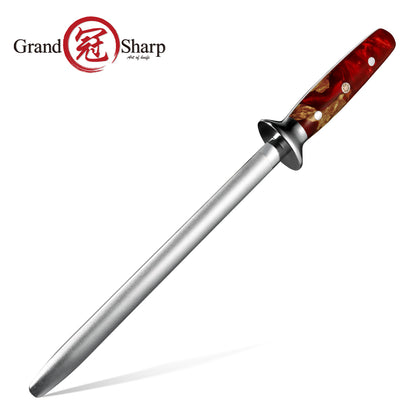 Grandsharp 10 Inch Knife Sharpening Rod Diamond Powder Coating Kitchen Classic Steel Knife Sharpener with Resin & Wood Handle