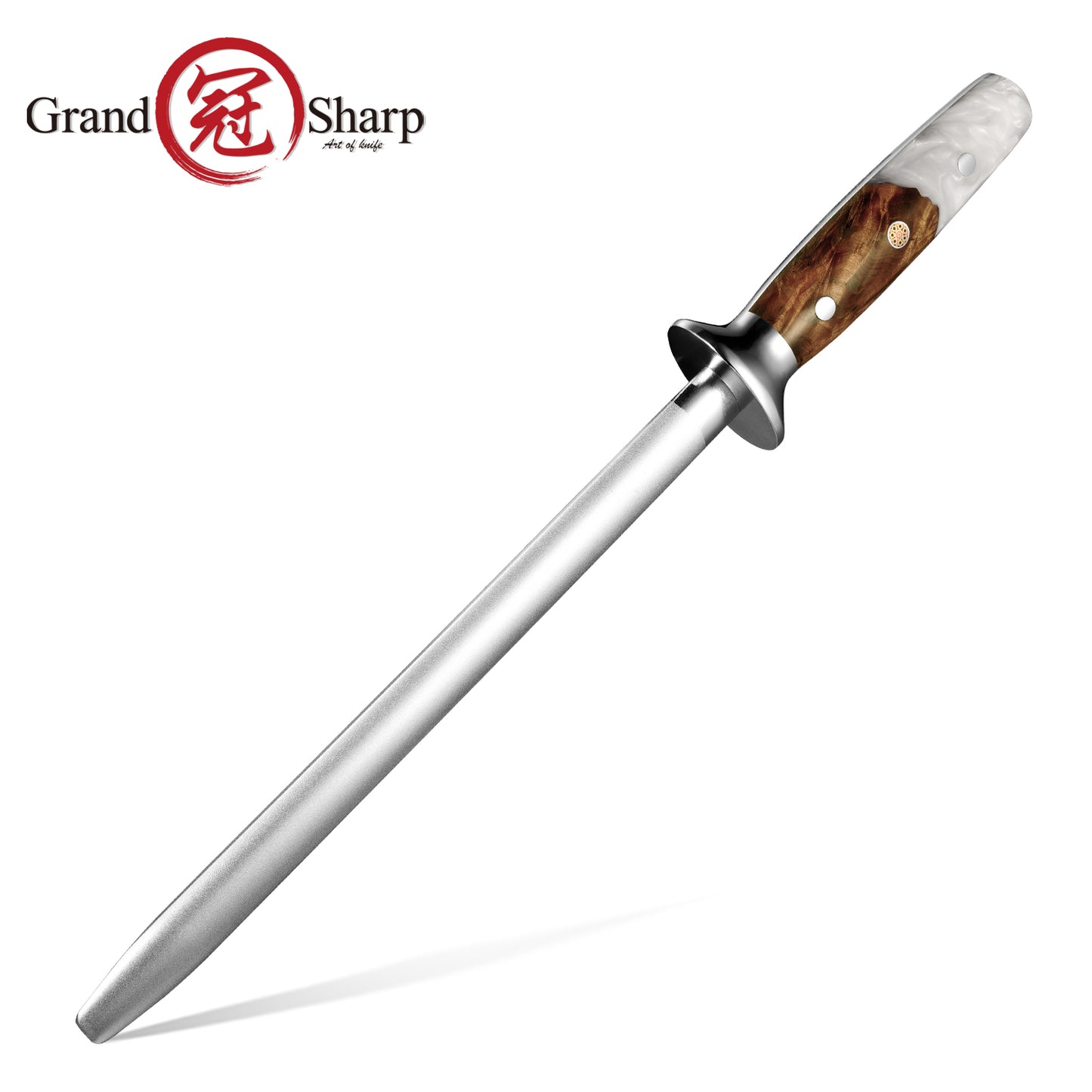 Grandsharp 10 Inch Knife Sharpening Rod Diamond Powder Coating Kitchen Classic Steel Knife Sharpener with Resin & Wood Handle
