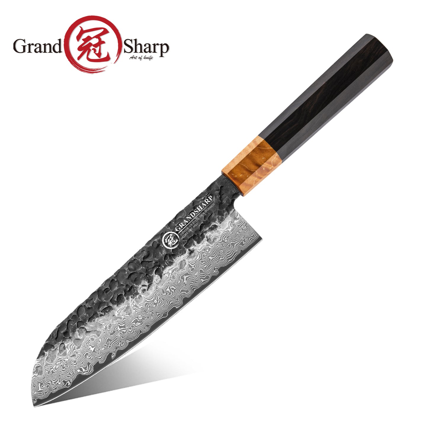 Grandsharp Handmade Forged Kurouchi Damascus 10Cr15CoMoV Santoku Knife