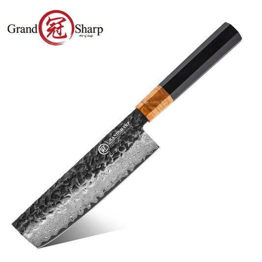 Grandsharp Handmade Forged Kurouchi Damascus 10Cr15CoMoV Nakiri Knife