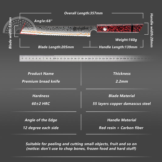 Grandsharp 55 Layers Copper Damascus Bread Knife with Red Handle