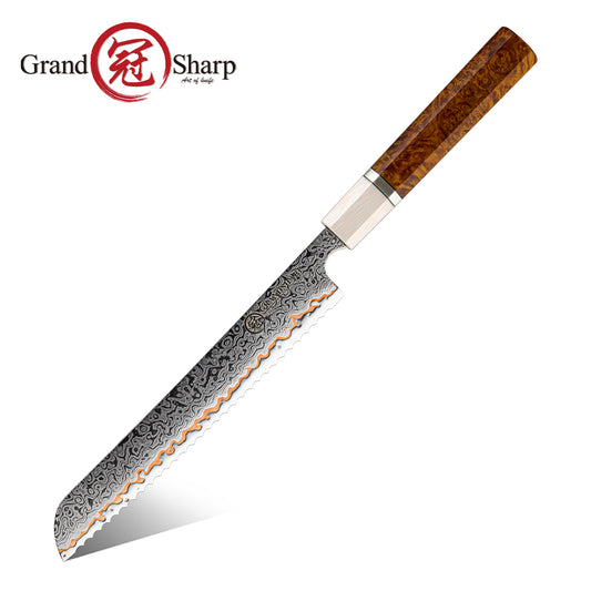 Grandsharp 55 Layers Copper Damascus Serrated Bread Knife New Handle