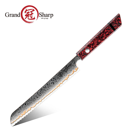 Grandsharp 55 Layers Copper Damascus Bread Knife with Red Handle