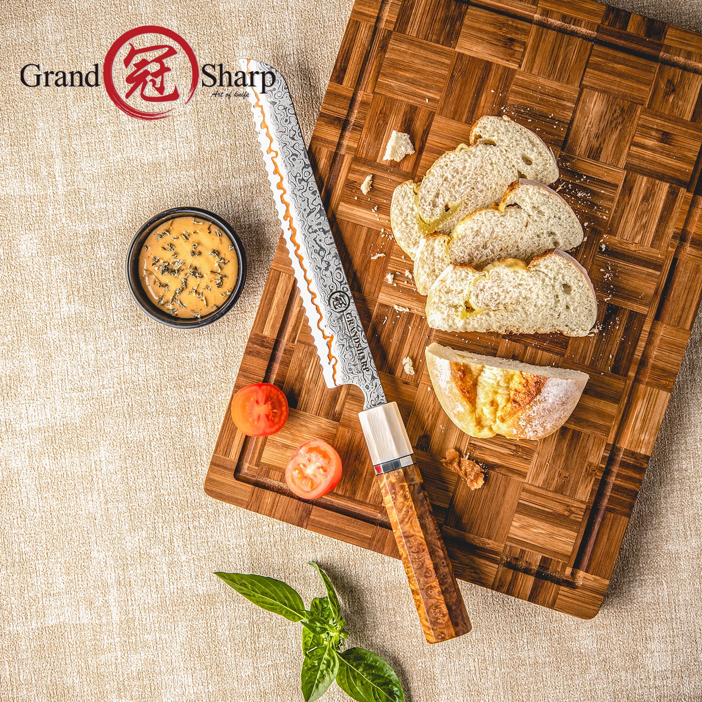 Grandsharp 55 Layers copper Damascus Steel 8'' Bread Knife with Solidified Wood+Imitation Ivory Handle
