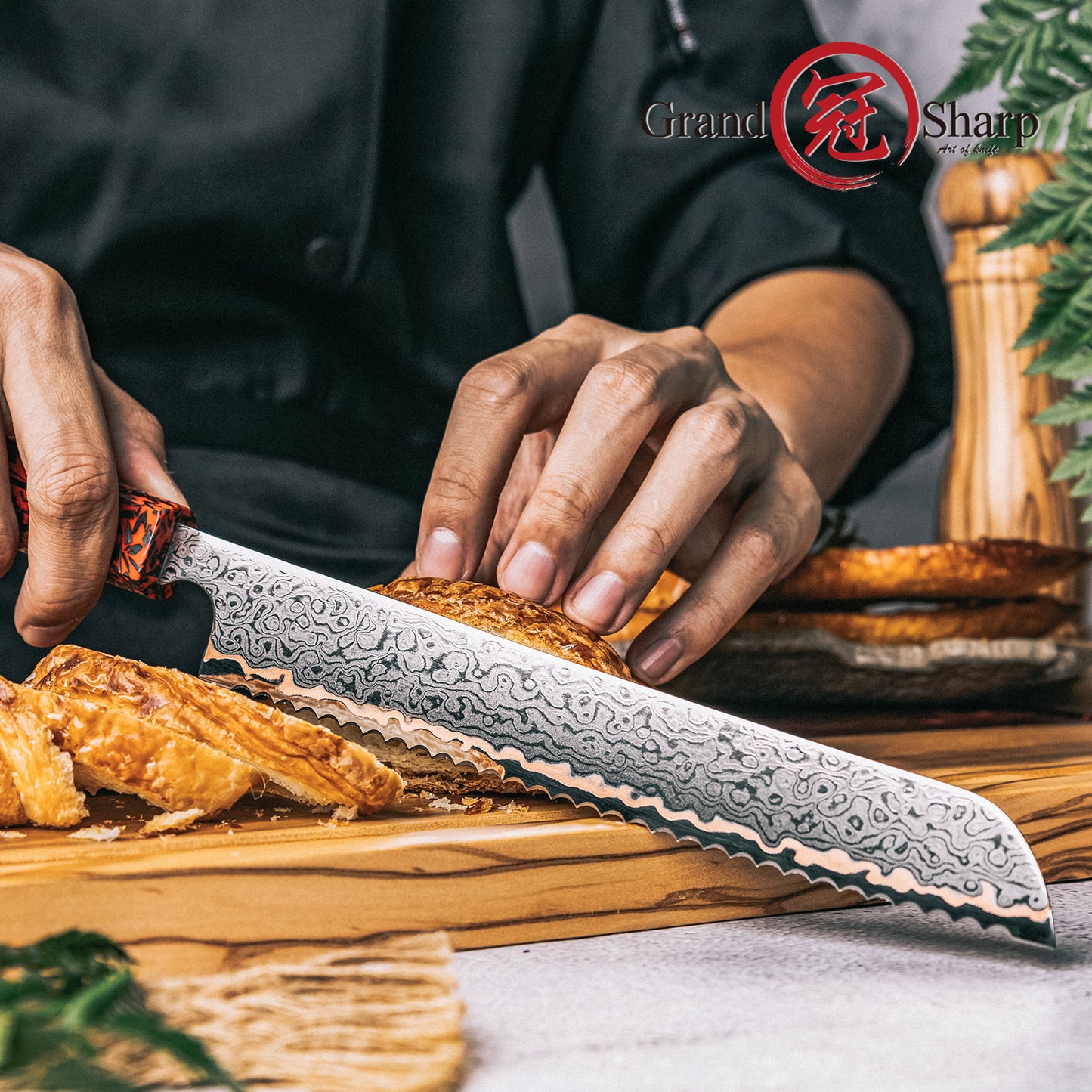 Grandsharp 8'' Japanese Kitchen Bread Knife 55 Layers Copper Damascus Steel Bread Kitchen Knife Red Resin Carbon Fiber Handle