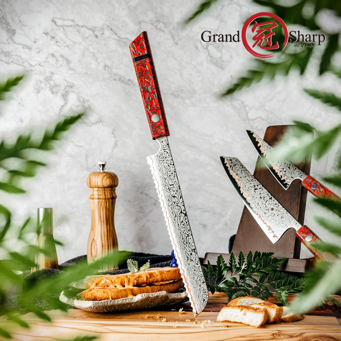 Grandsharp 8'' Japanese Kitchen Bread Knife 55 Layers Copper Damascus Steel Bread Kitchen Knife Red Resin Carbon Fiber Handle