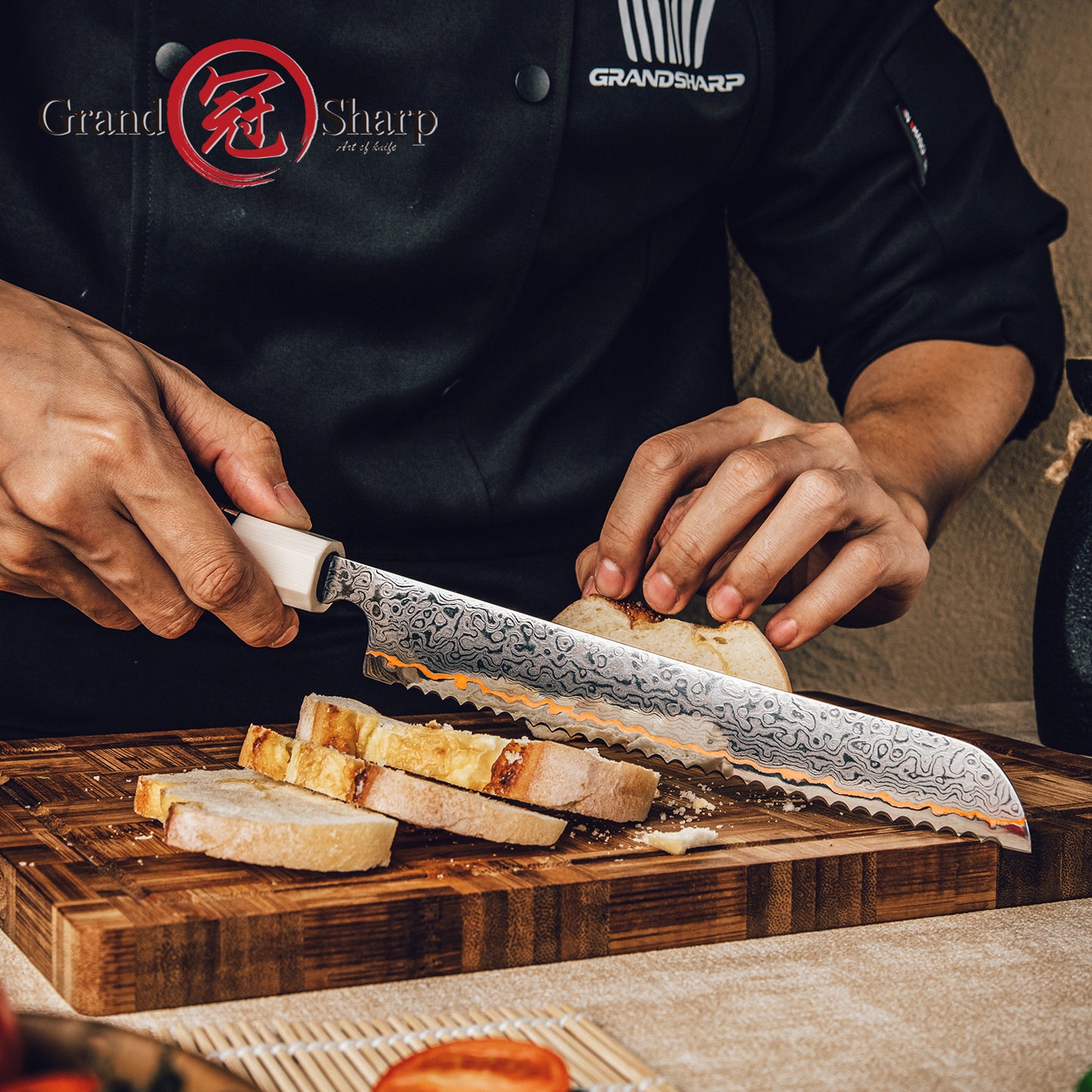Grandsharp 55 Layers copper Damascus Steel 8'' Bread Knife with Solidified Wood+Imitation Ivory Handle