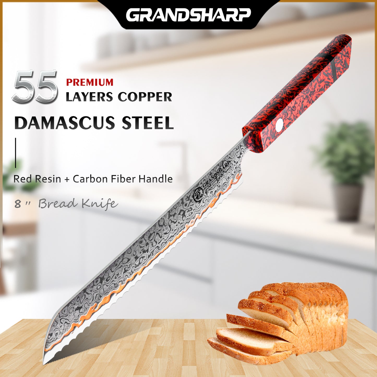 Grandsharp 8'' Japanese Kitchen Bread Knife 55 Layers Copper Damascus Steel Bread Kitchen Knife Red Resin Carbon Fiber Handle