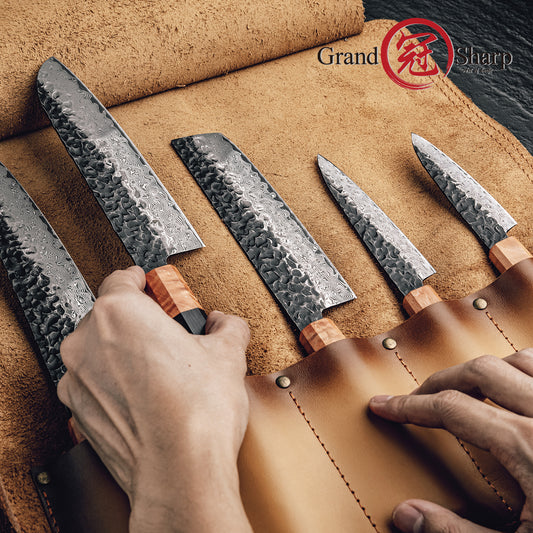 Grandsharp Fashionable Leather Knife Roll Bag First Layer Cowhide 3 Main Pockets 2 Extra Slot Suitable For Chef Santoku Knives