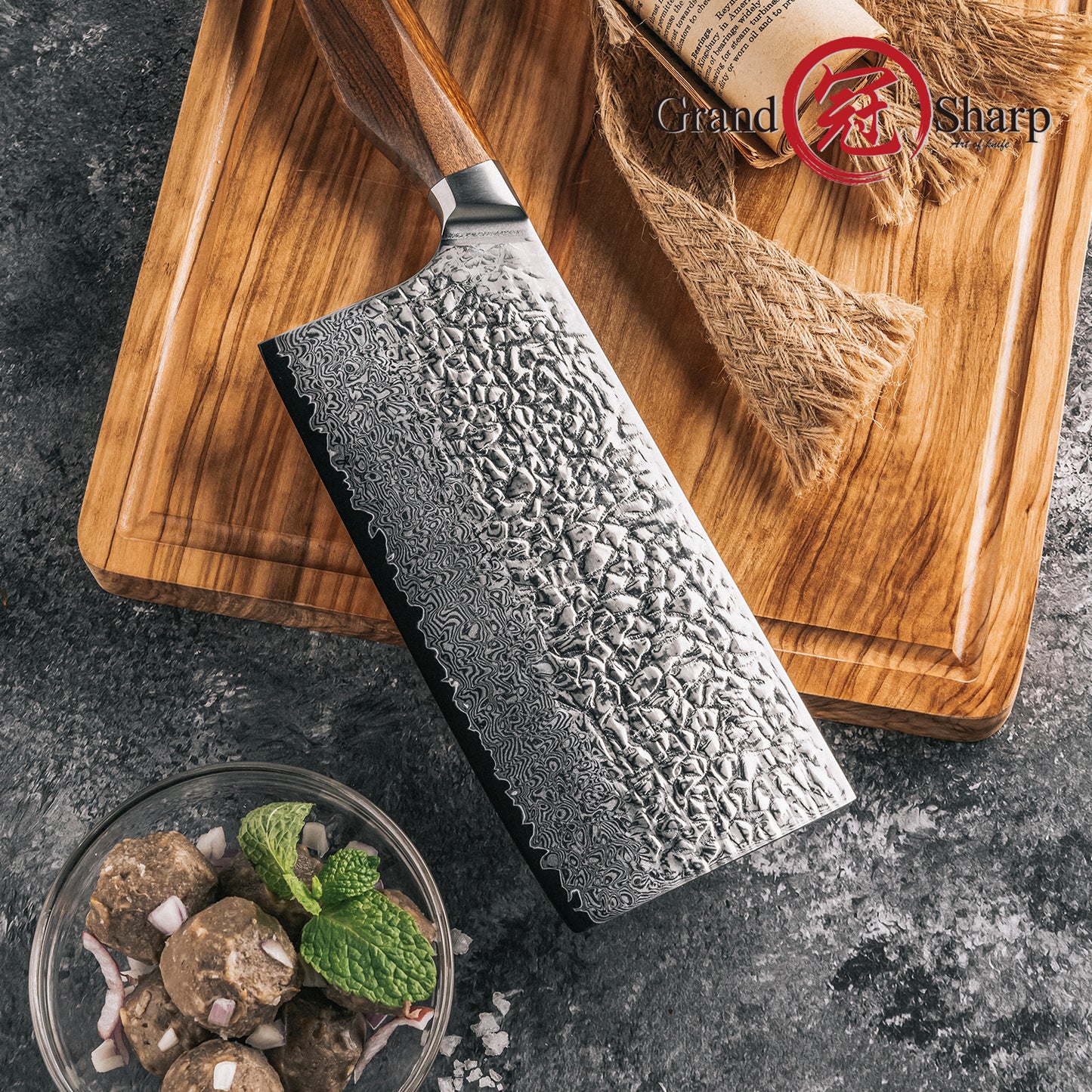 Grandsharp Kitchen Cleaver Caidao Knife 7 Inch 67 Layers AUS10 Damascus Steel Cleaver Cutting Knives with Africa Rose Wood Handle
