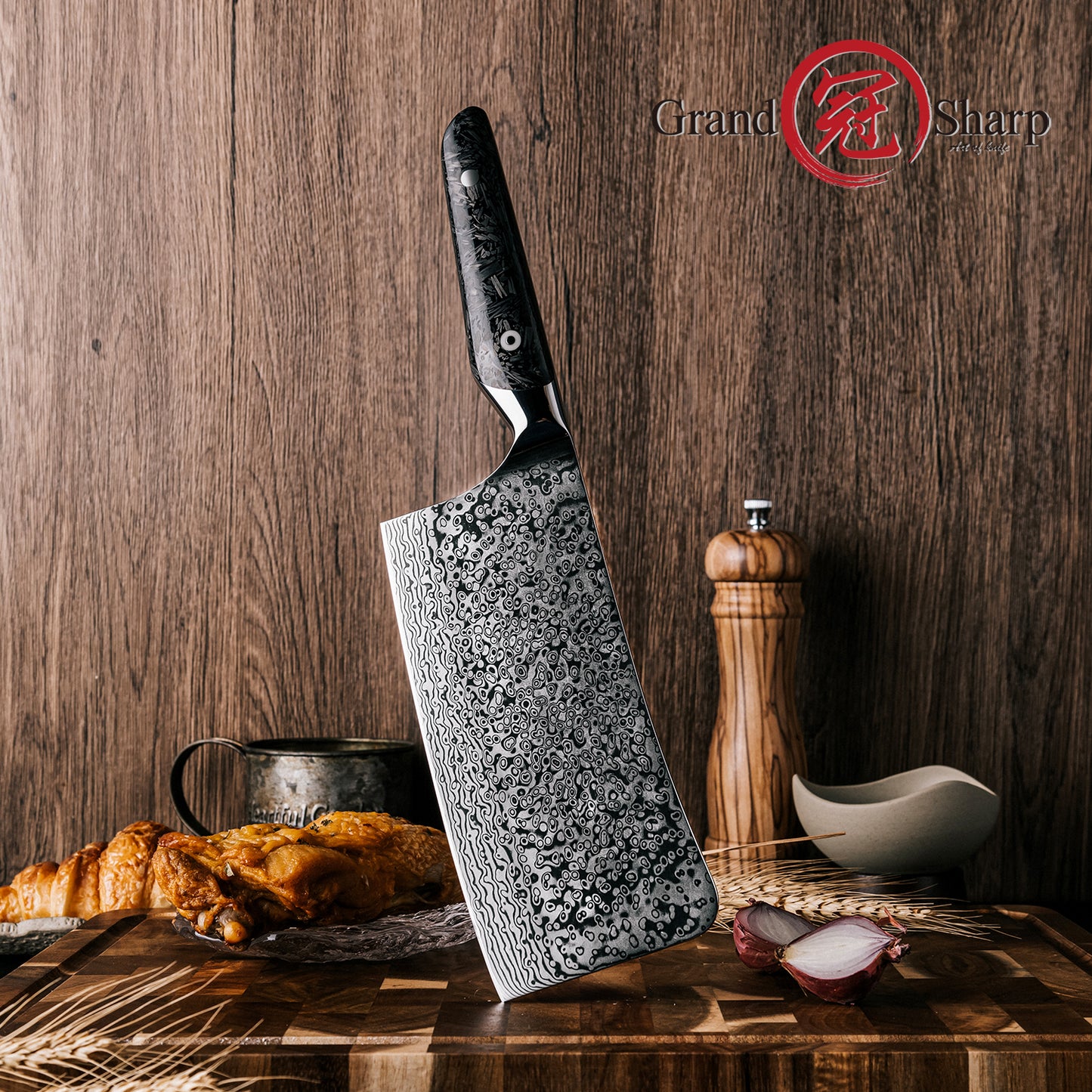 Grandsharp 7'' Kitchen Chopping Knife AUS10 Core 67 Layers Damascus Steel Cleaver Butcher Knife with Black Carbon Fiber Handle