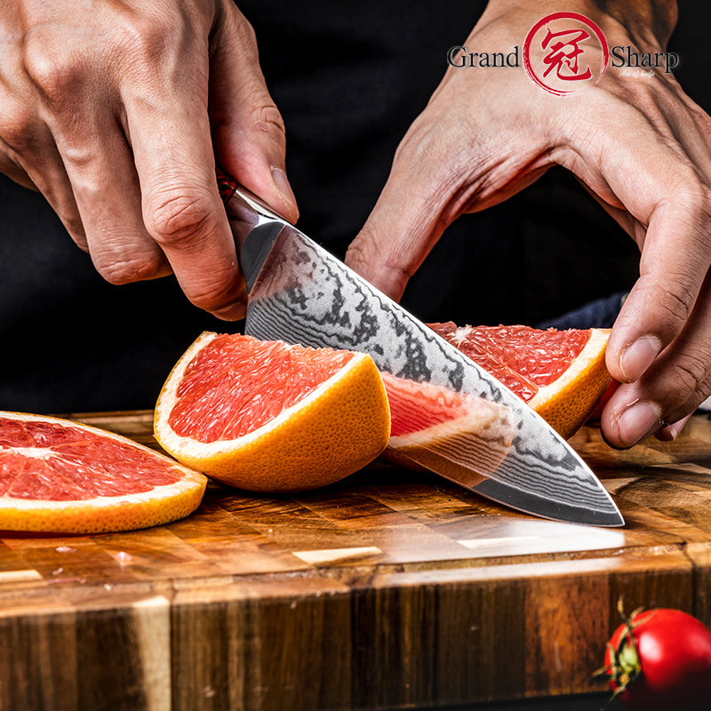Grandsharp 67 Layers Damascus Steel Utility Paring Knife with Red Resin and Carbon Fiber Handle