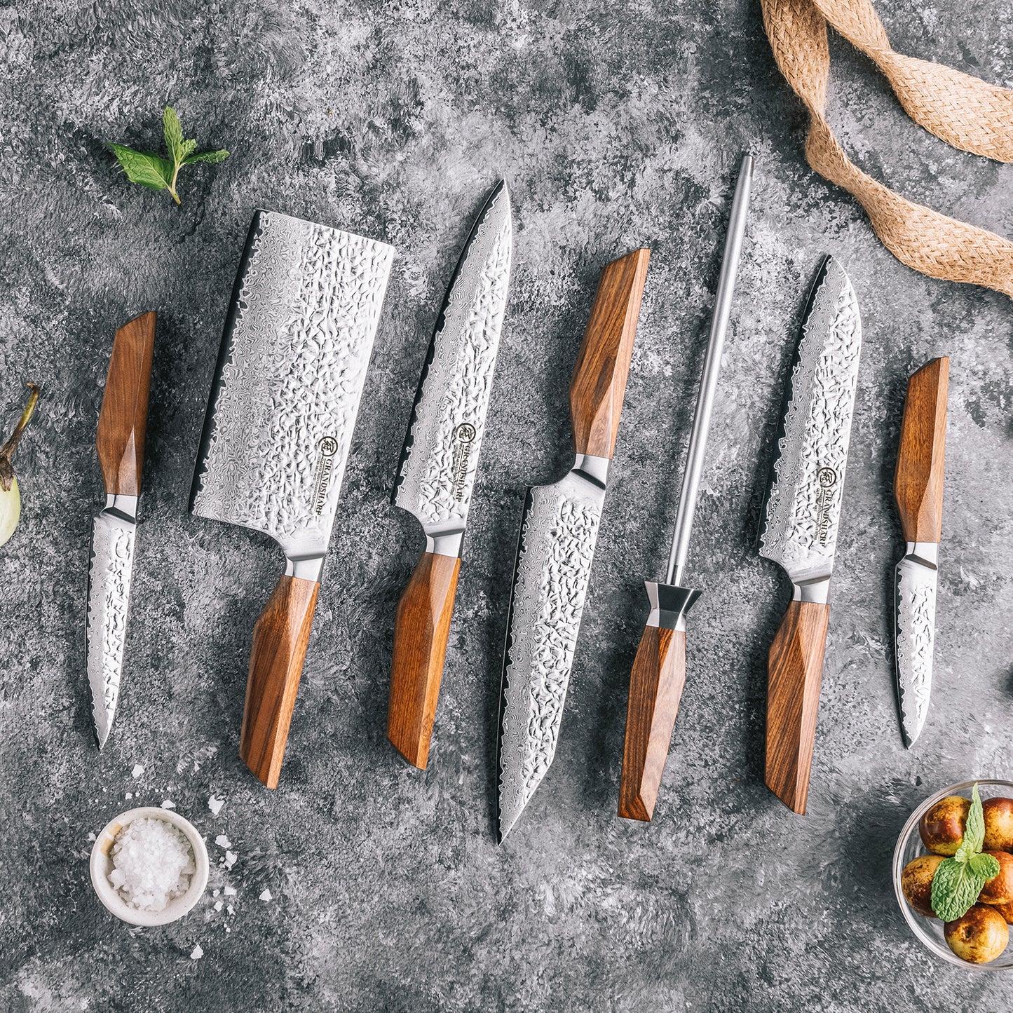 Grandsharp Premium 1-5pcs Damascus Kitchen Knife Set 67 Layers AUS-10 Cutting Core Africa Rose Wood Handle Meat Food Cutter