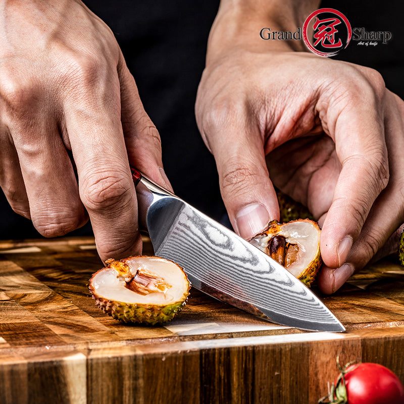 Grandsharp 3.7"Damascus AUS-10 Core Utility Fruit Paring Knife Red Resin and Carbon Fiber Handle