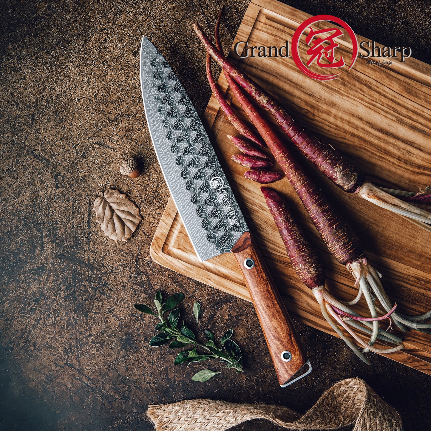 Grandsharp 8 Inch Premium Chef Knife 67 Layers 10Cr15MoV Core Damascus Steel Africa Rose Wood Handle with Gift Box Santoku