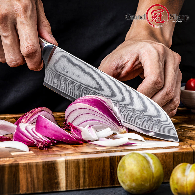 Grandsharp 7.5" Kitchen Santoku Knife Damascus Carbon Steel Kitchen Knife with Resin and Carbon Fiber Handle